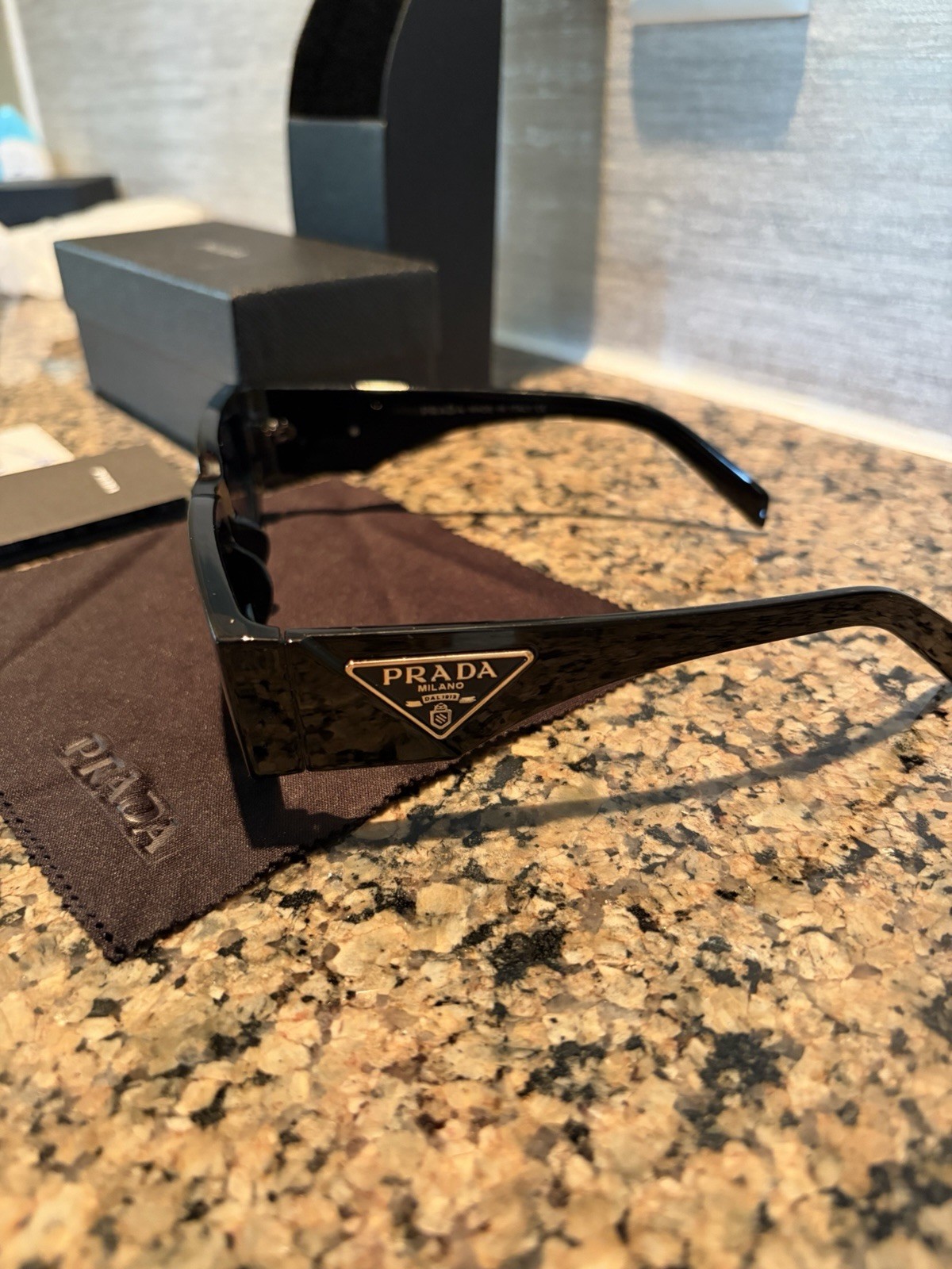 PRADA Unisex Gold Square Sunglasses Milano Black Frame Black Lens (with box +)