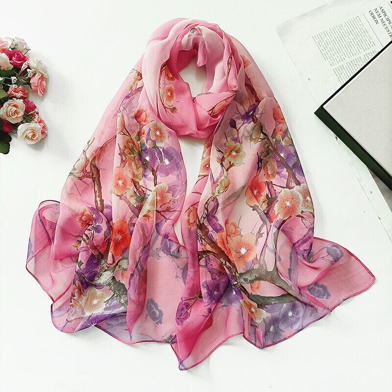 Pink Floral Fashion Scarf – Women’s Chiffon Printed Silk Soft Fashion Wrap
