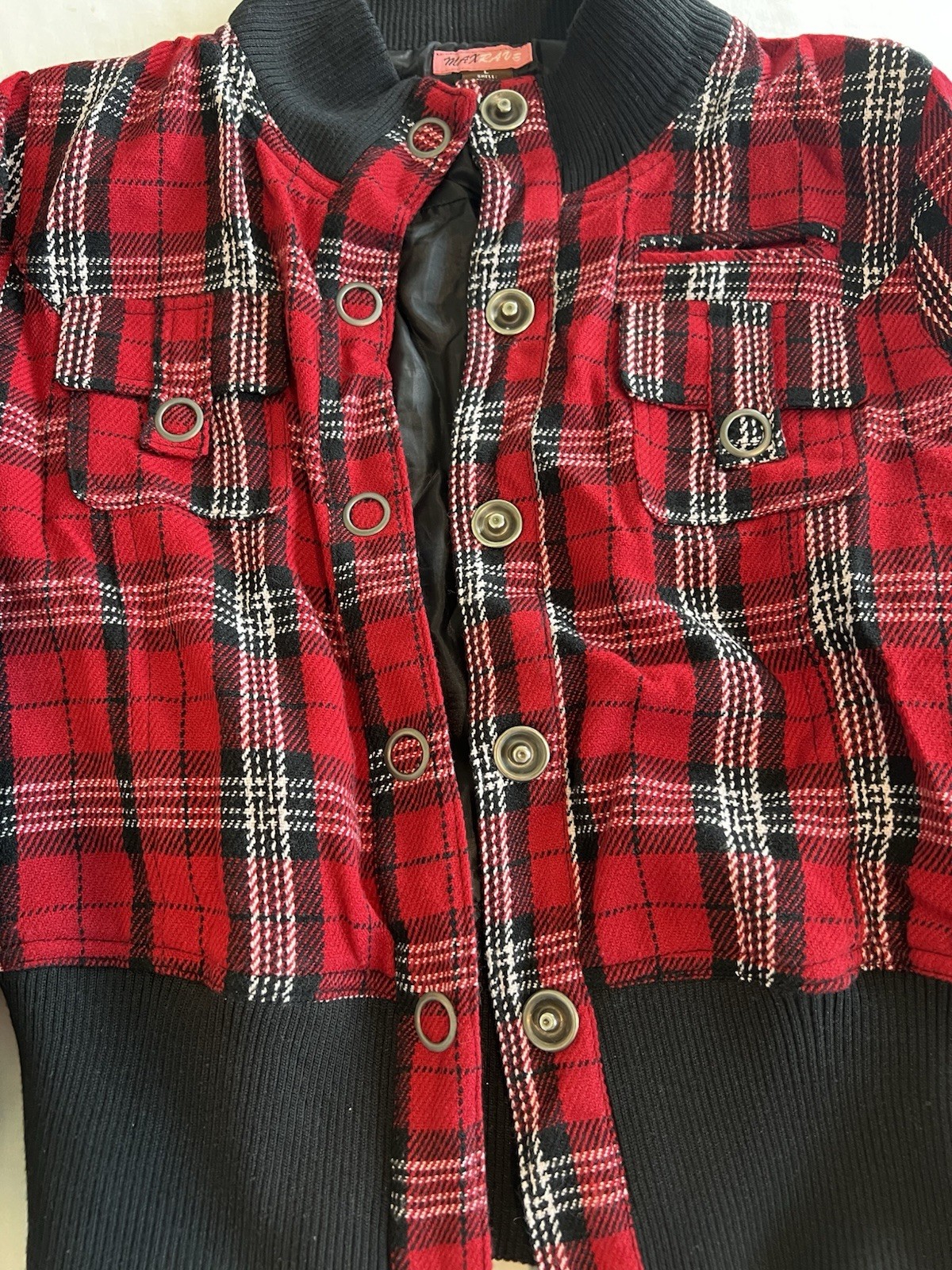 Vintage Red Black Plaid Bomber Jacket Snap Front Ribbed Trim Retro Punk L