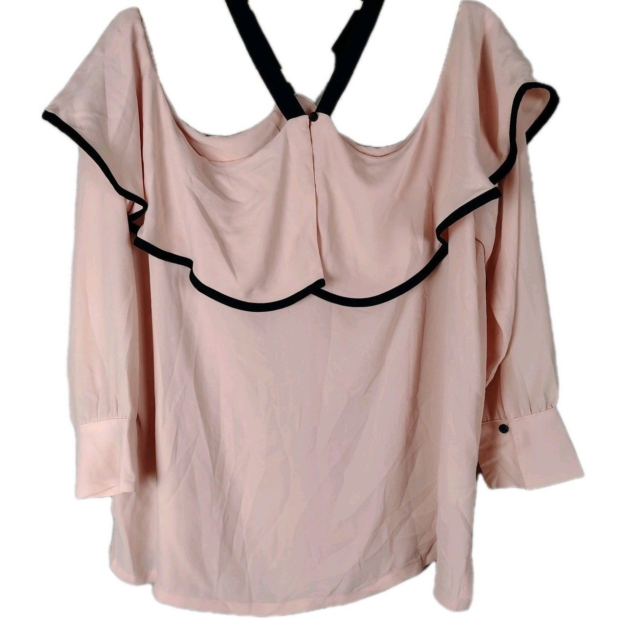 NWT LOFT Blush Pink Off Shoulder Ruffle Blouse Strappy Neck Trim Top feastive