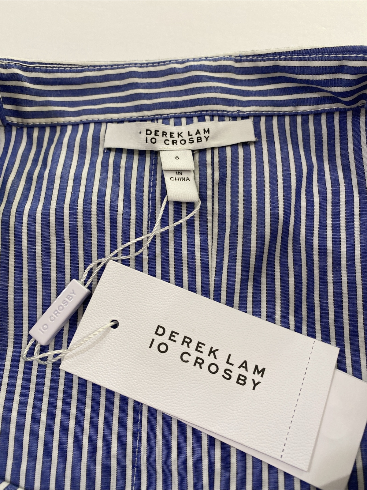 DEREK LAM 10 Crosby Blue Striped Front Tie Poplin Dress Size 8 Coastal NWT $395