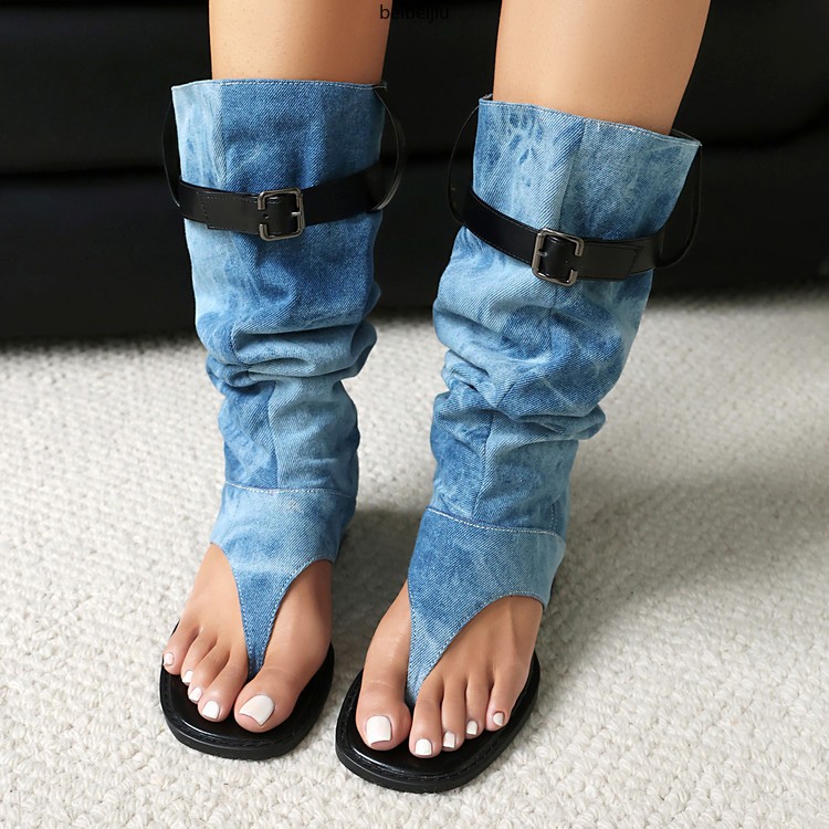 Women‘s Roman Gladiator Denim Boots Sandals Flip Flop Shoes Thongs Belt Casual