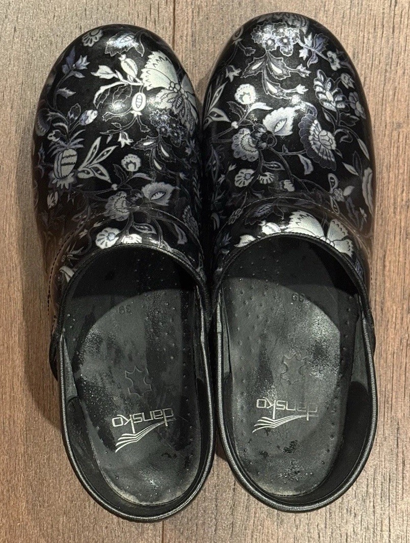 Dansko Women’s Black/Silver Floral Leather Slip-On Comfort Clogs 8.5