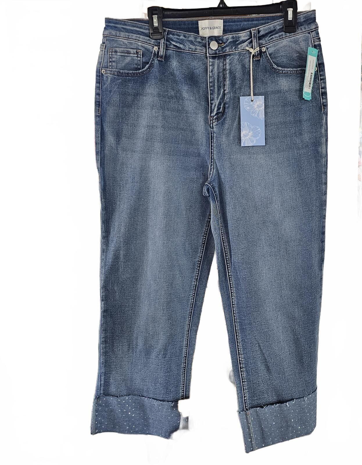 Poppy & Grace Blue Cropped Cuffed Denim Jeans Size 33 NWT
