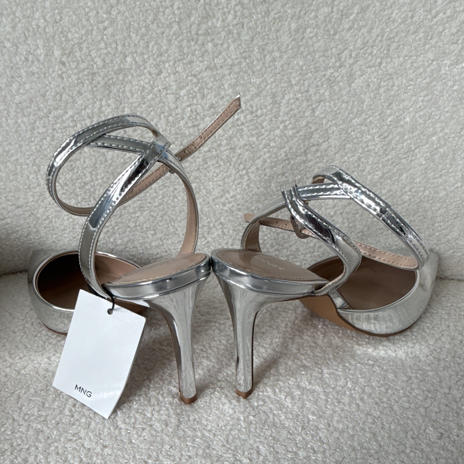 MNG Women’s Silver Pointed Toe Ankle Strap Stiletto Buckle Heels 8
