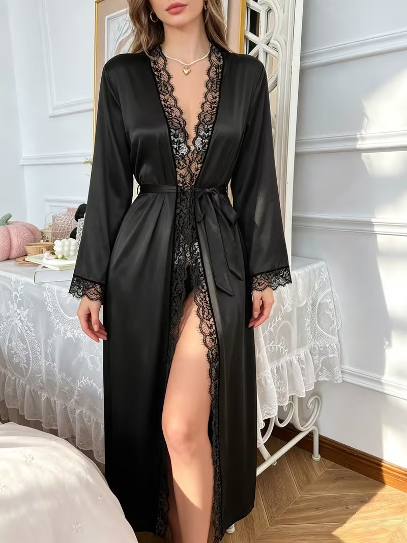 New Elegant Sexy Black Satin Long Sleeve Lace Accent Robe 4X NEW