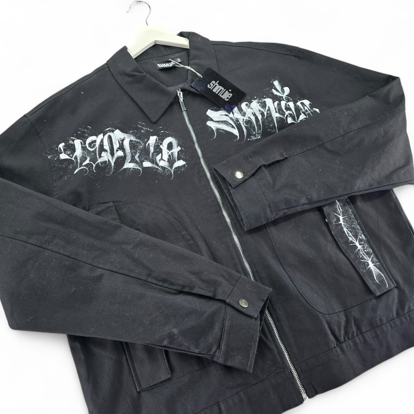 SHMUIE Black Airbrush Print Zip Up Denim Jacket Mens XXL Oversized Streetwear