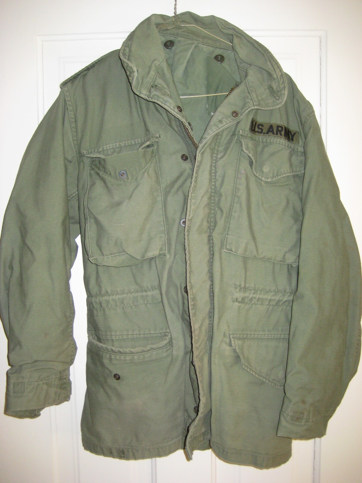 Vtge Olive Green Lined US Army Field Jacket/Coat Korean? Zip/Snap Front Sm-Med