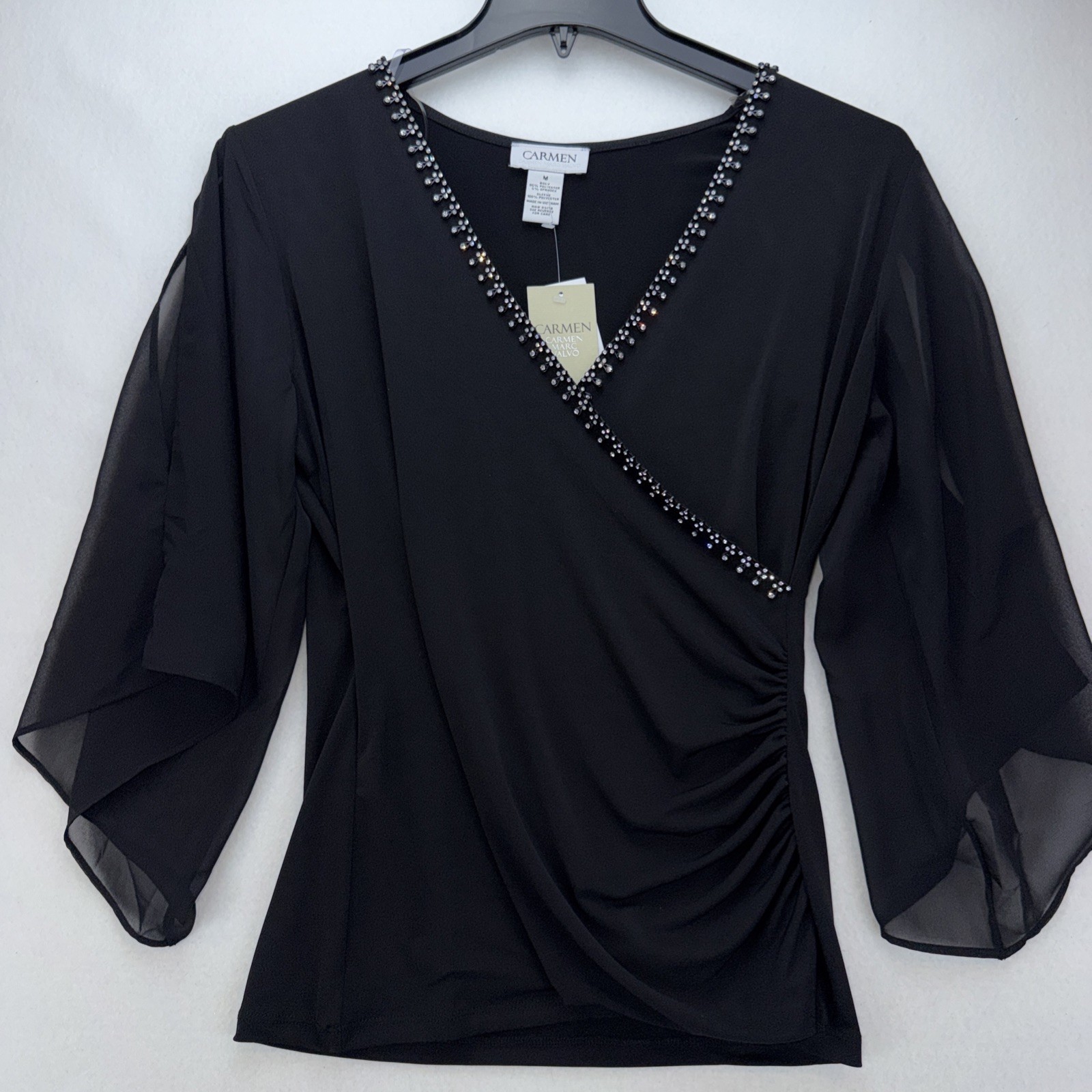 Carmen Marc Valvo Beaded Blouse Size Medium Sheer V Neck Split Sleeve $78 NWT