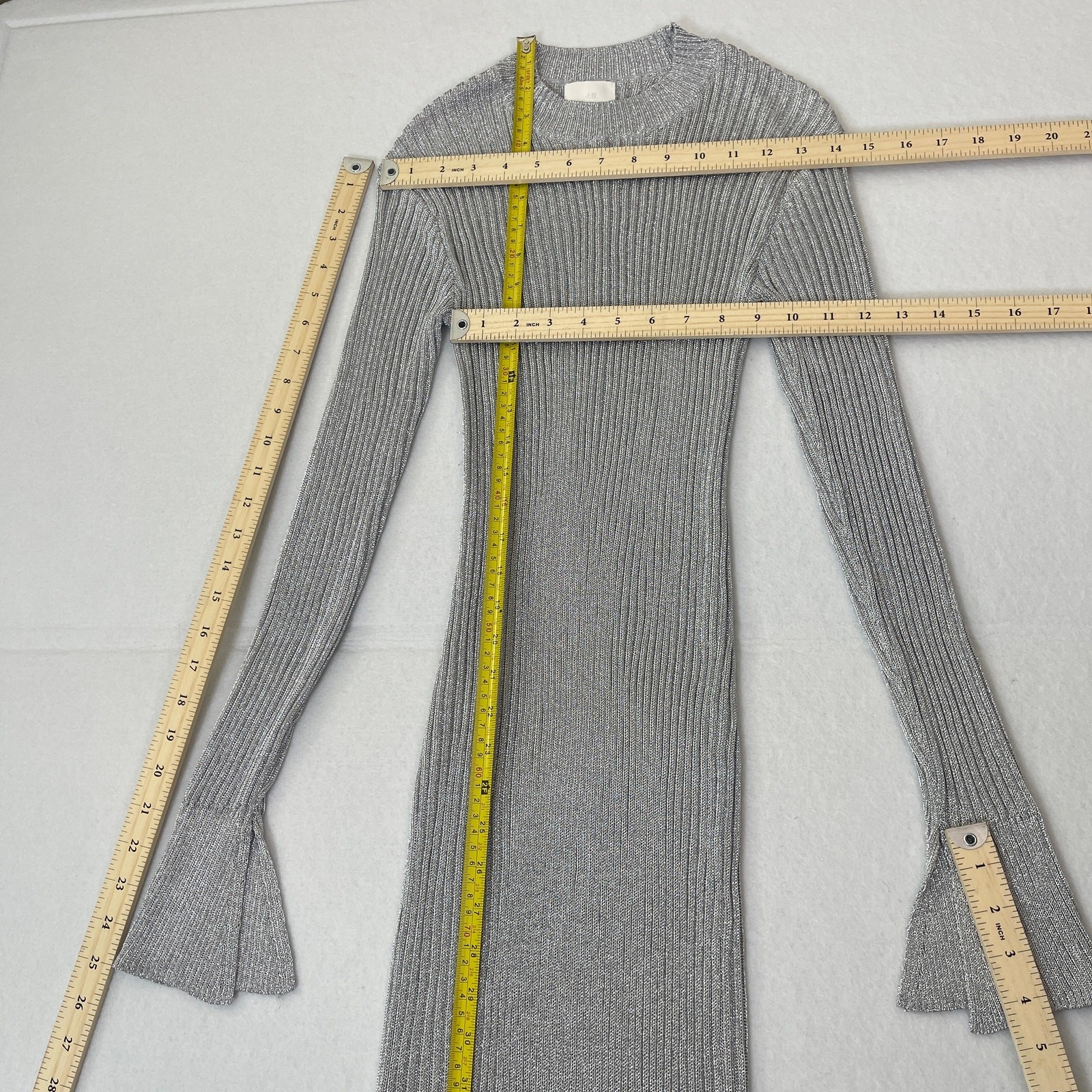 H&M Silver Metallic Ribbed Knit Maxi Dress Bell Sleeve Bodycon Long Sleeve XS