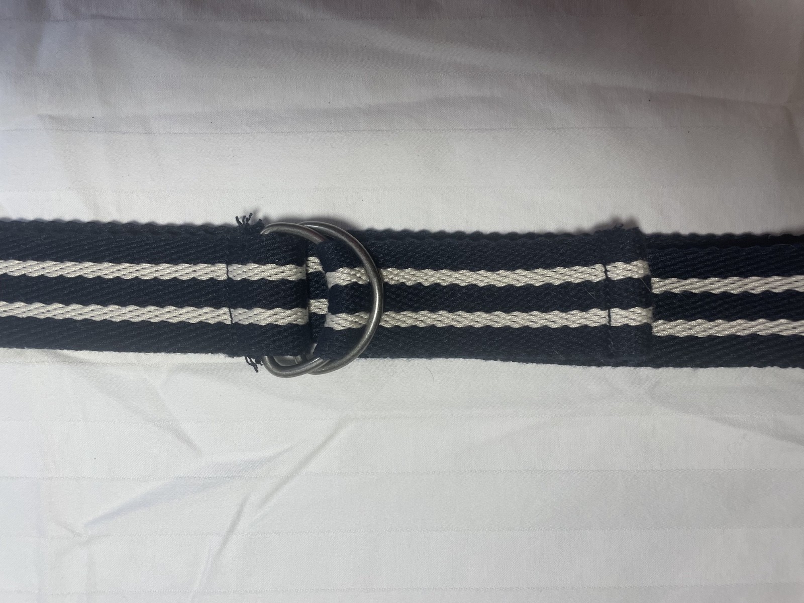 Black White Striped Canvas Web Belt Double D Ring Buckle Adjustable Casual Unise