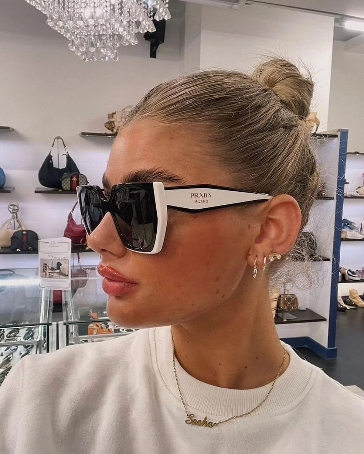Prada PR 15WS Oversize Square Sunglasses Women Black White Frame UV400 Authentic