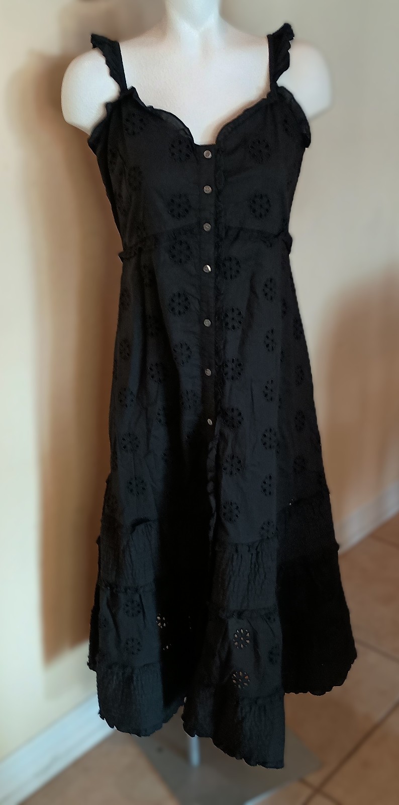 NWT GAP Black Button Front Pleated Ruffle Straps Dress SZ Medium Petite