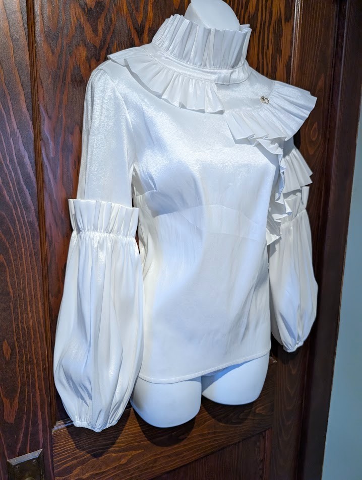 AYHAN of TURKIYE pearly shimmer structured ruffle blouse avant garde top S 3C