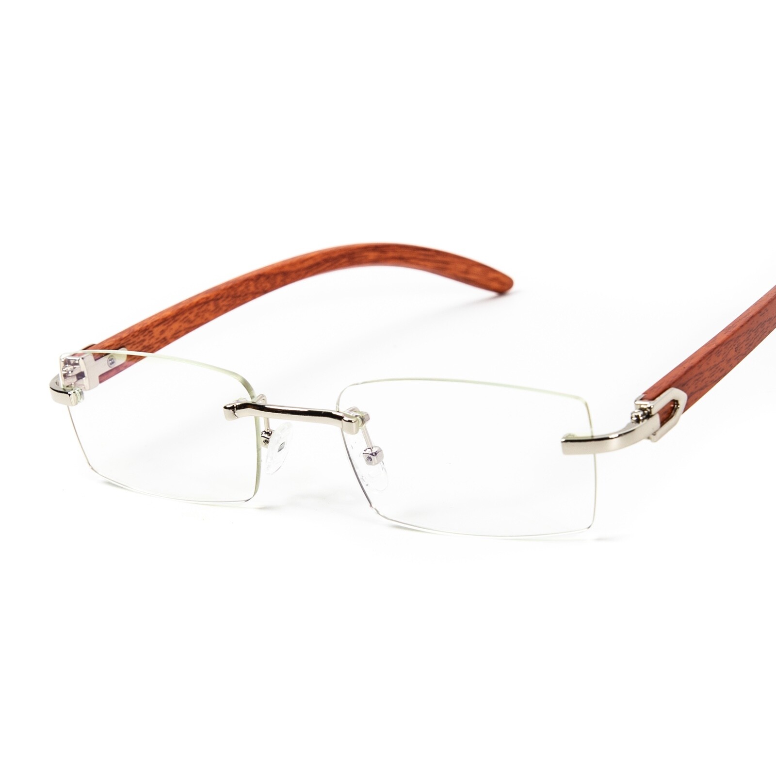 Mens Clear Rimless Woodgrain Silver Designer Frame Retro Vintage Hip Hop Glasses