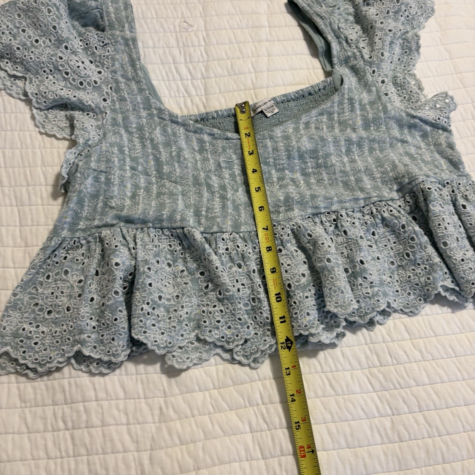 America Eagle Blue Plaid Eyelet Crop Top Flutter Sleeve Babydoll Cottagecore XL