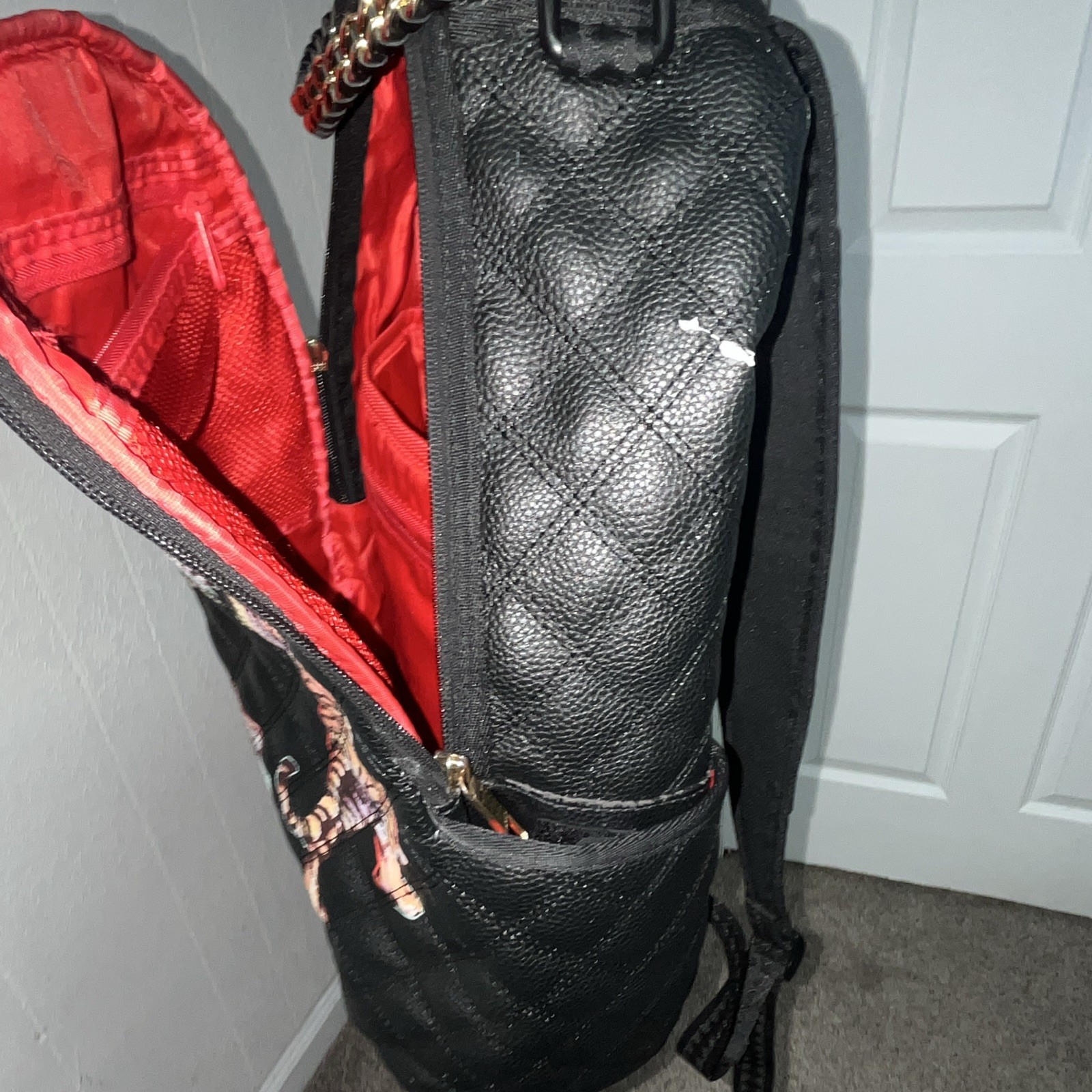 Sprayground Limited Edition Black Quilted Tiger Backpack Red Lining Zip Large