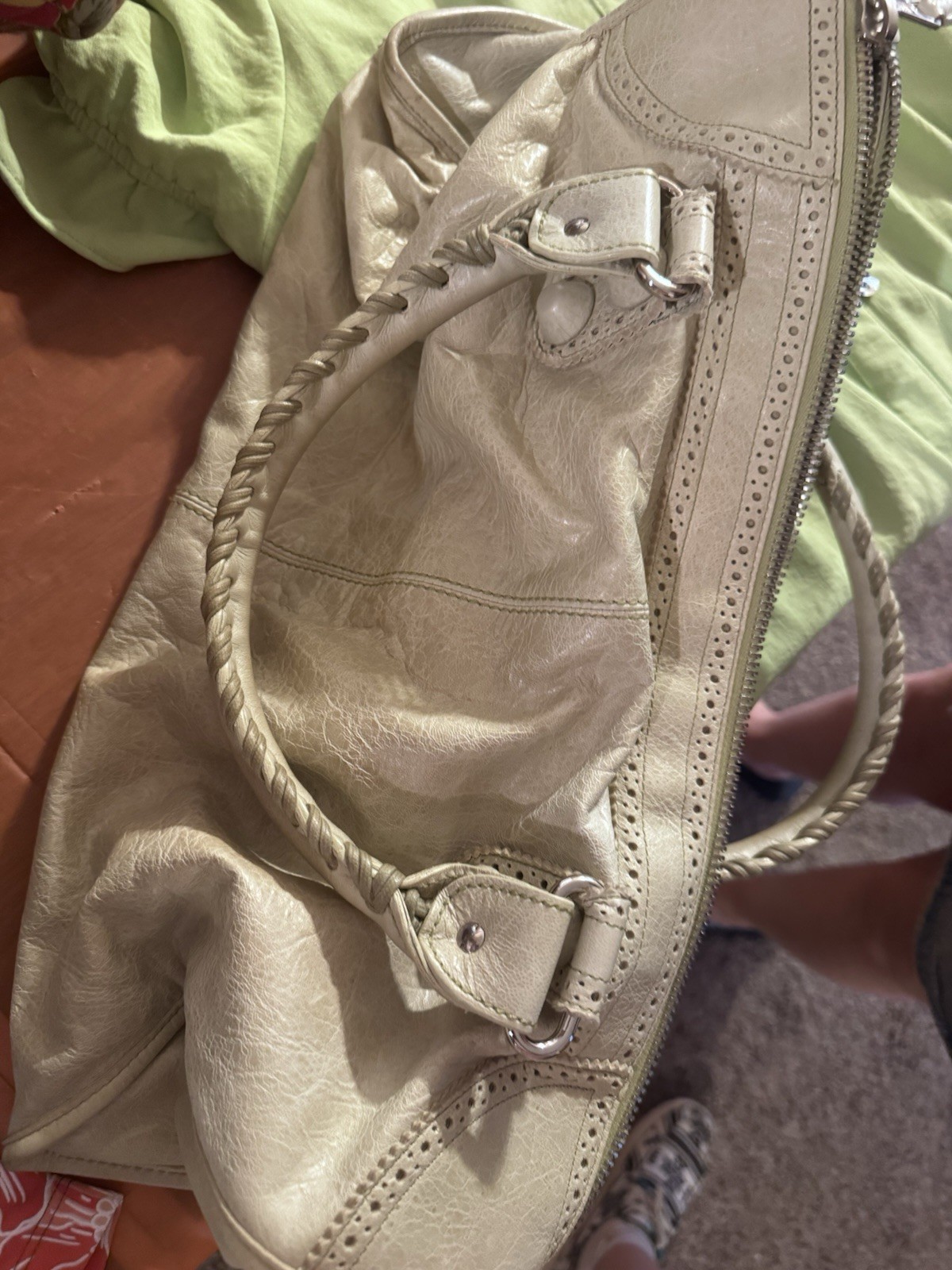 Balenciaga Beige Large Satchel Top Handle Zip Studded, Pockets, Vintage