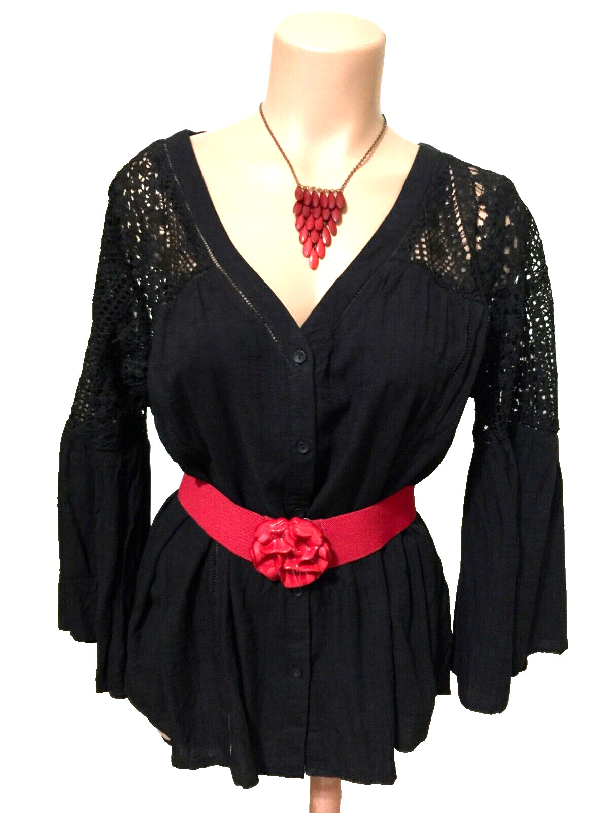 Women’s black romantic top lace button up flare sleeves rayon L New