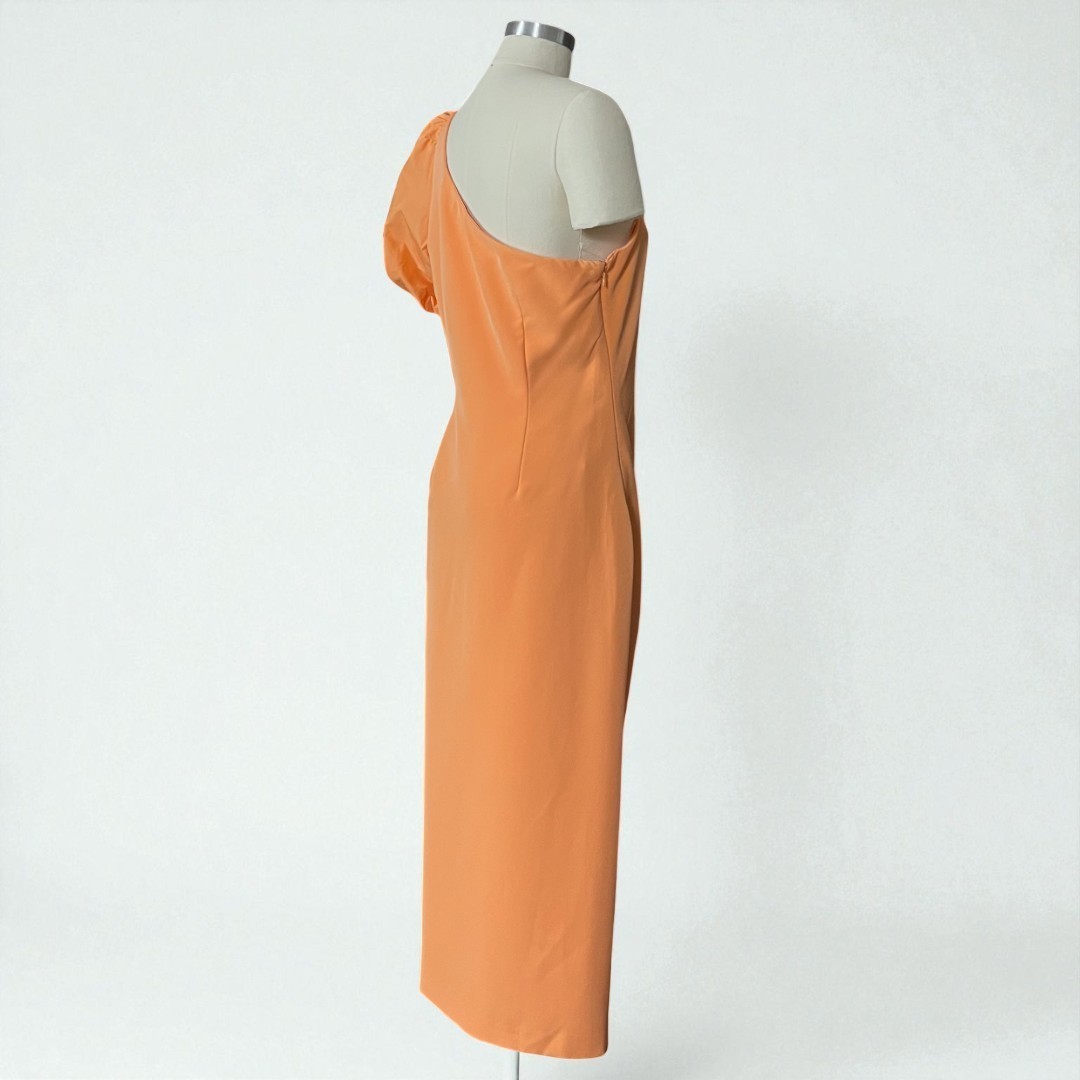 Ralph Lauren Annona One Shoulder Orange Puff Sleeve Midi Cocktail Dress 10