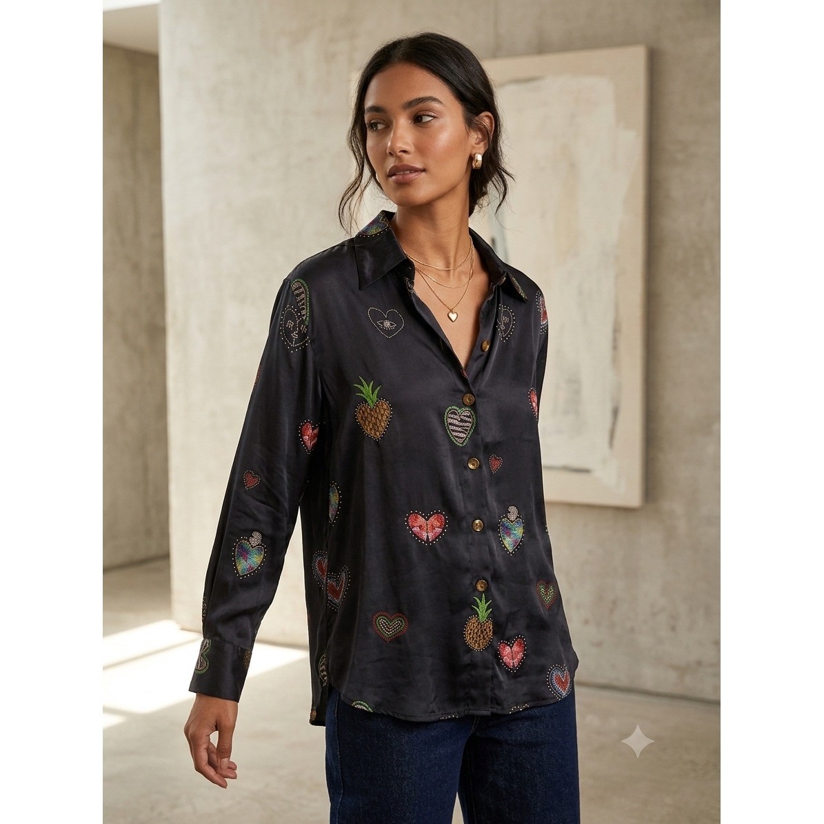 Farm Rio Black Heart Pineapple Butterfly Print Button Down Shirt Blouse Womens M