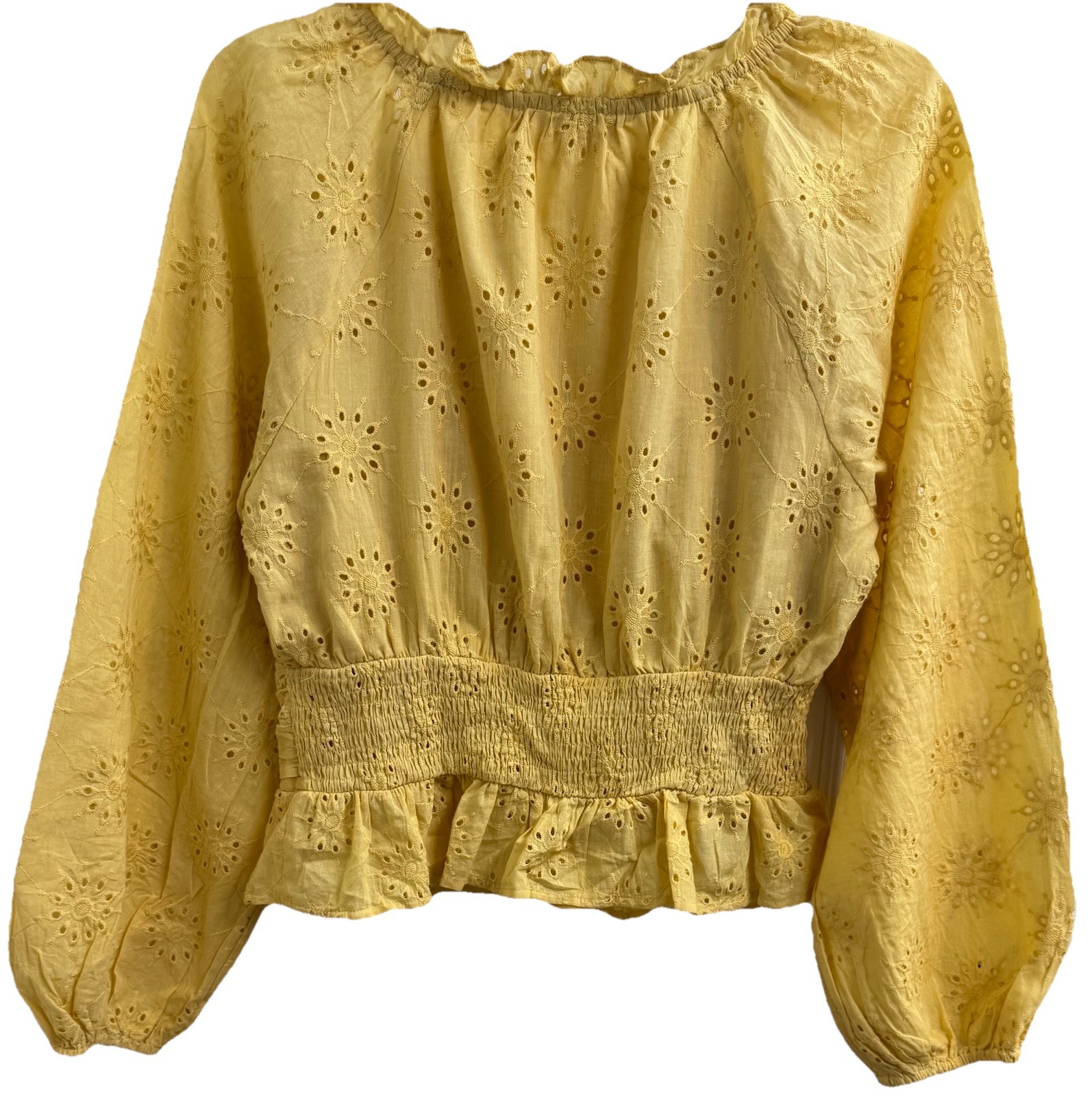 Entro BOHO Yellow Eyelet Crop Top V-Neck Puff Sleeves Lightweight Cottagecore(M)