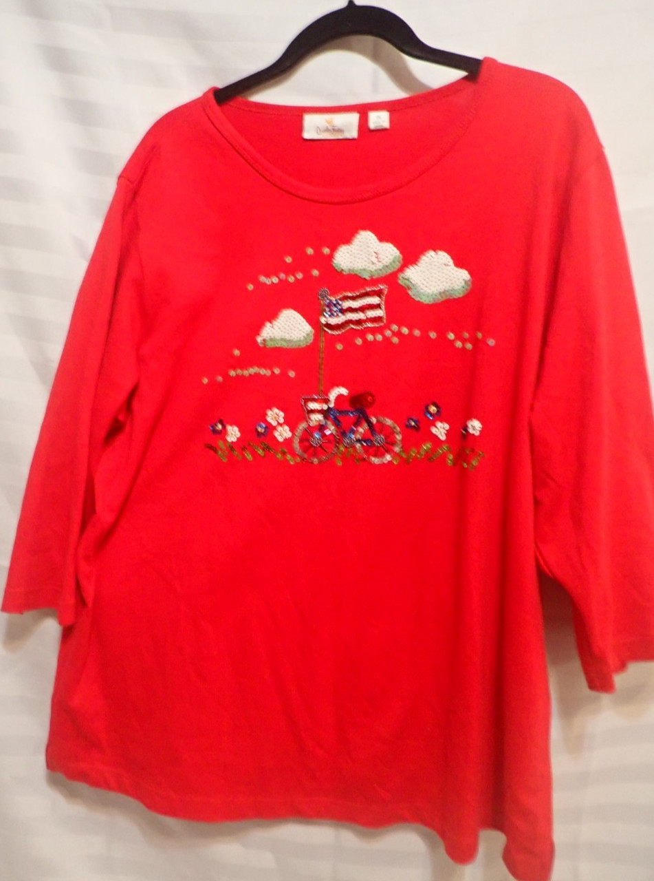 Quacker Factory Size 1X July 4th Patriotic Flag Bike Clouds Top 3/4 Sleeve