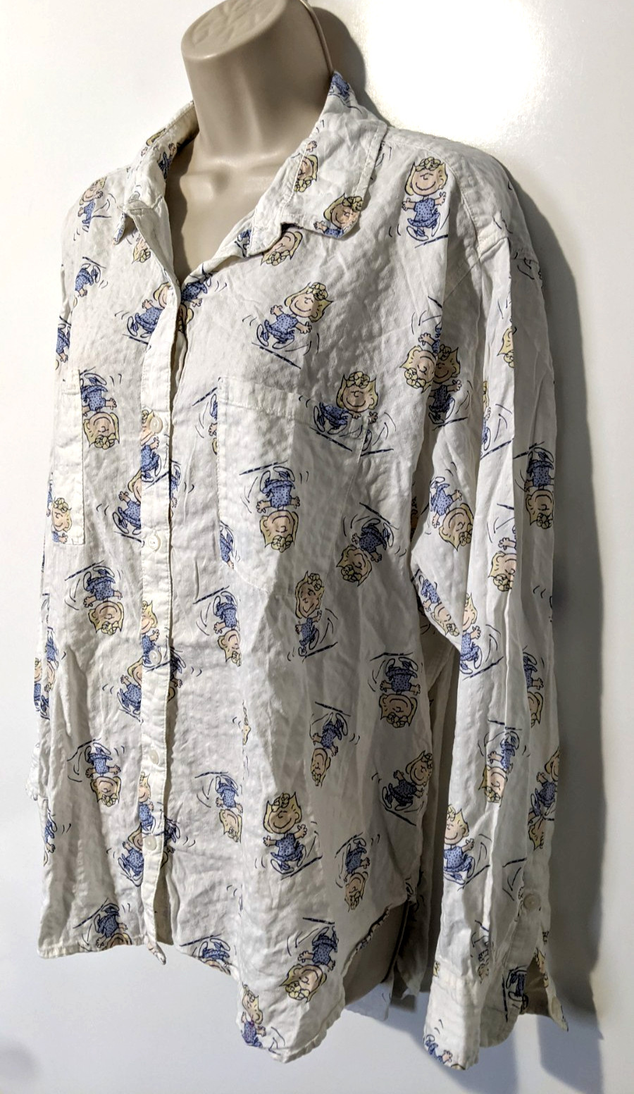 AERIE PEANUTS Sally Brown Seersucker Button Front Shirt Sz L Cotton Blend Muslin