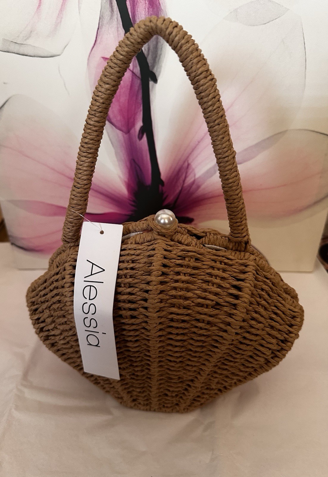 Alessia Tan Woven Top Handle Bag Pearl Clasp, Lined, Small Beach Theme