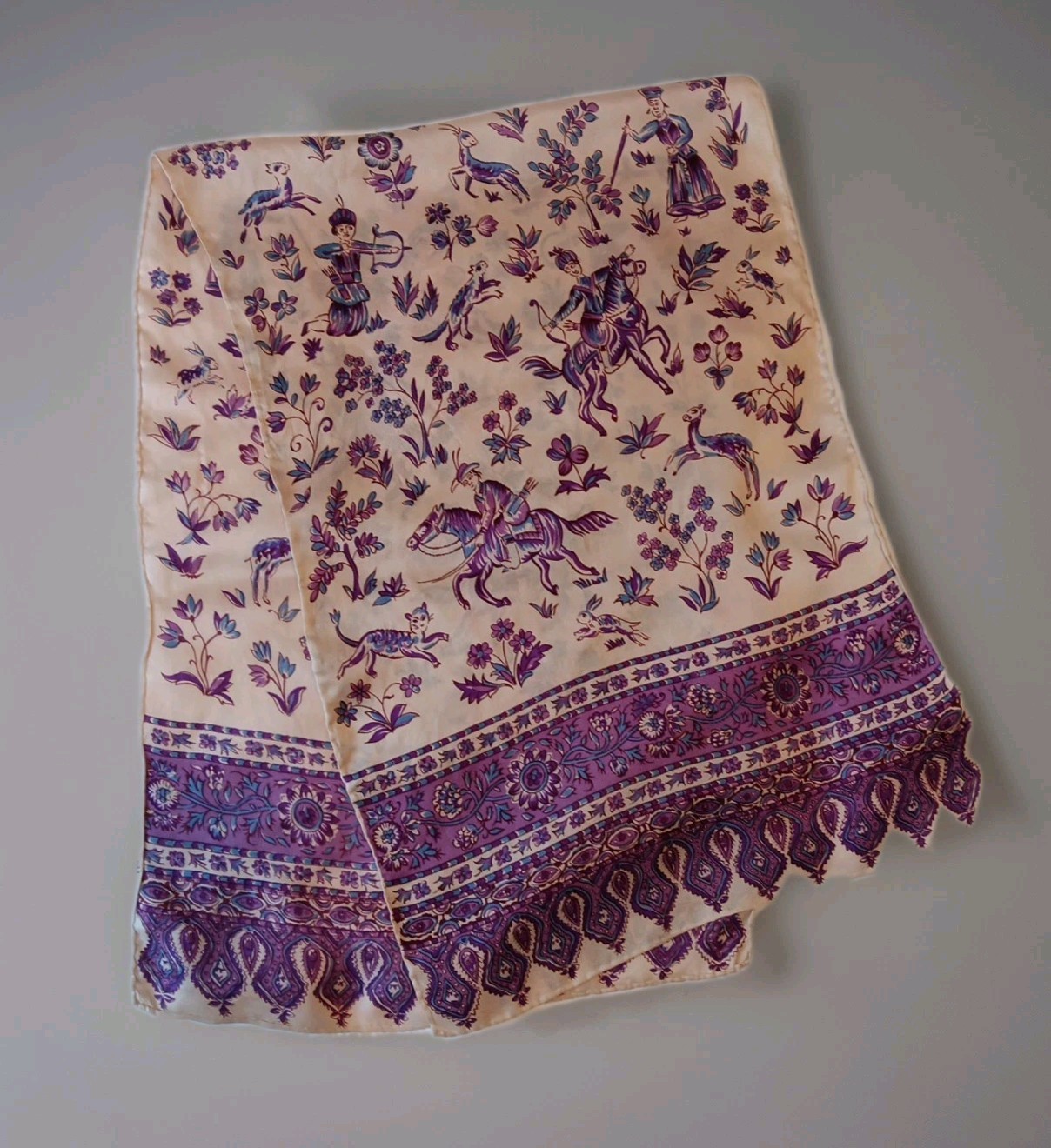Vtg Silk Shikargah/Hunting Scene Scarf Purple/Ivory 45 x 14″, Rolled Edges, Read