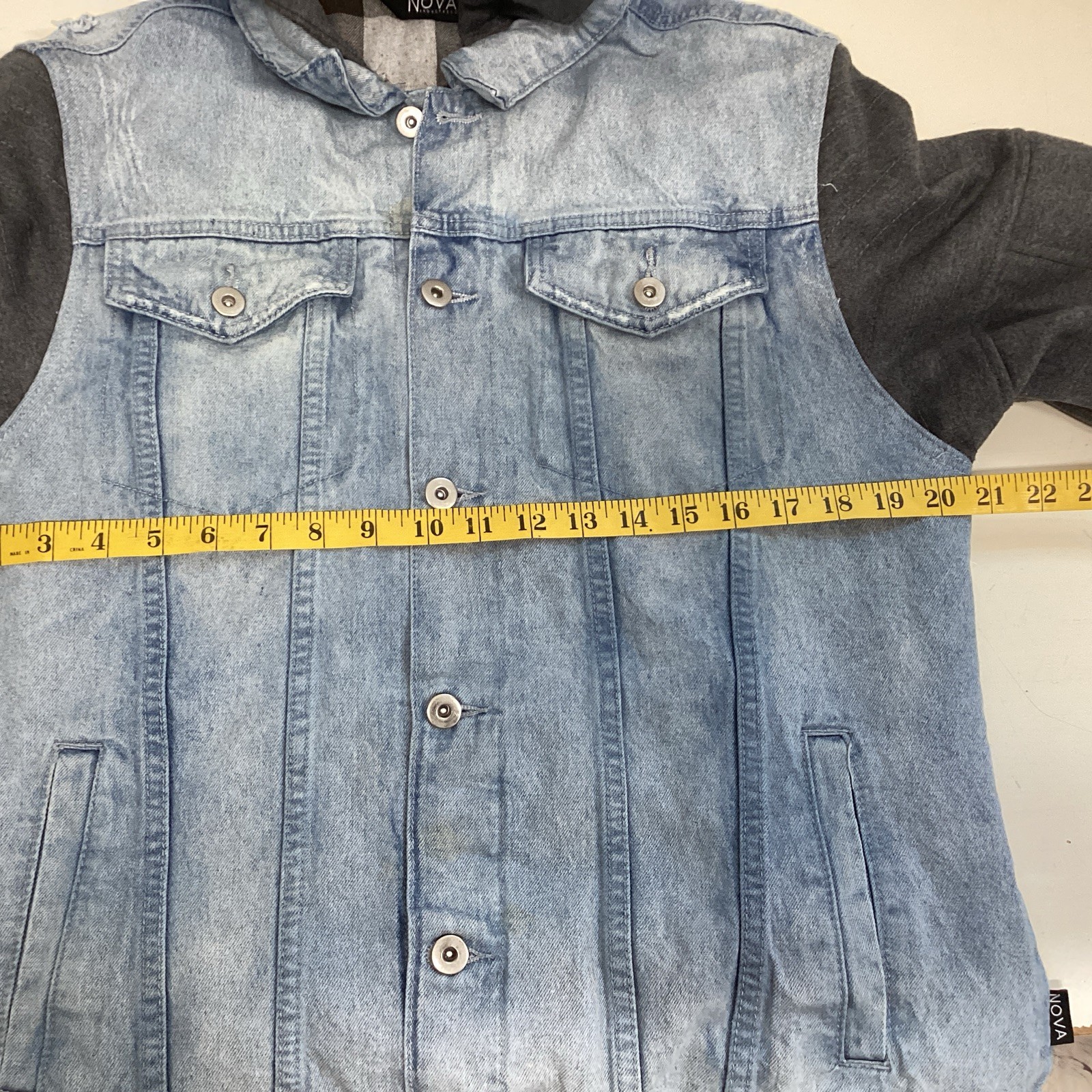 nova industries men’s L jean jacket hooded distressed button up knit hood sleeve