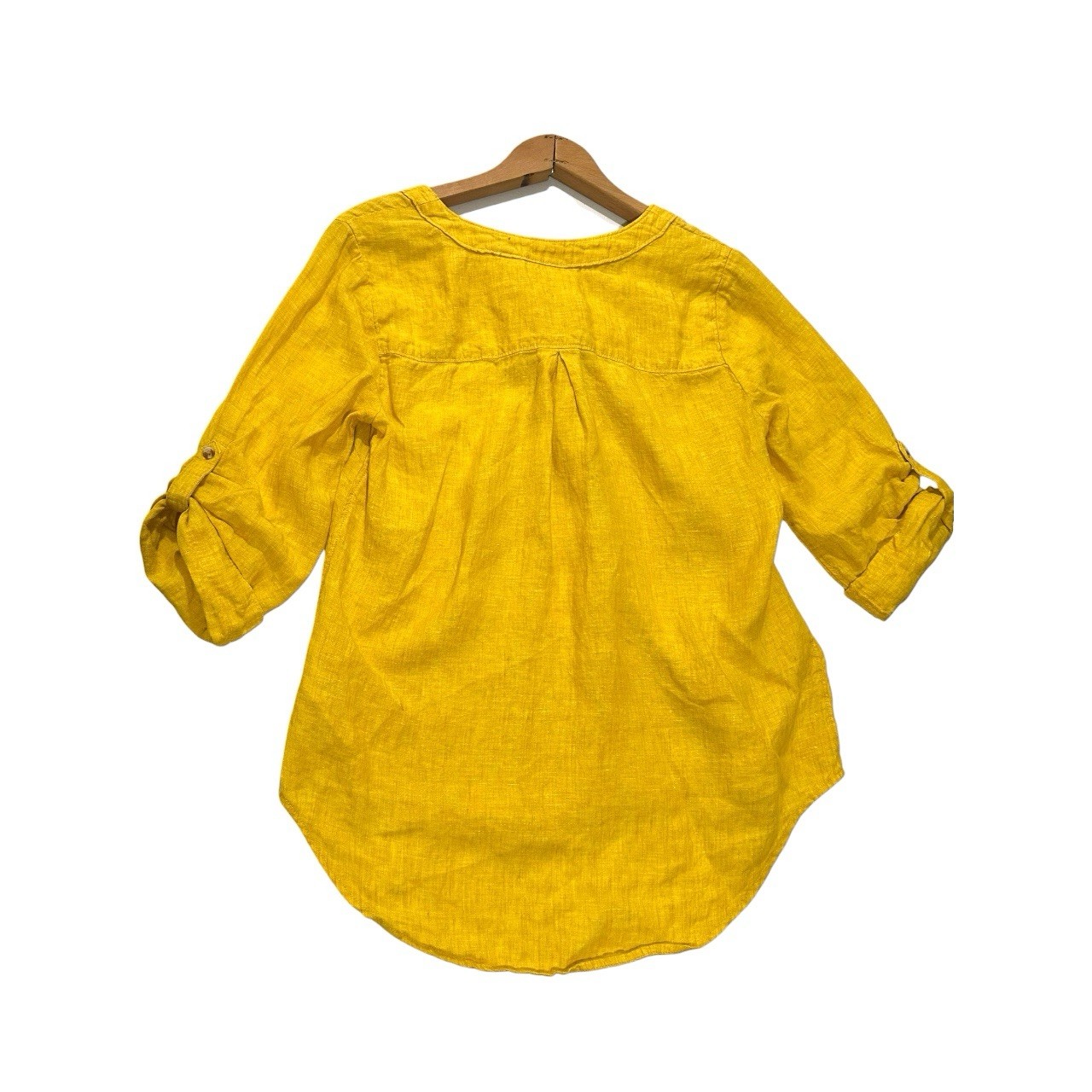 Maeve 4 Yellow Solid Woven Linen Lace-Up V-Neck Roll Tab 3/4 Tunic Blouse
