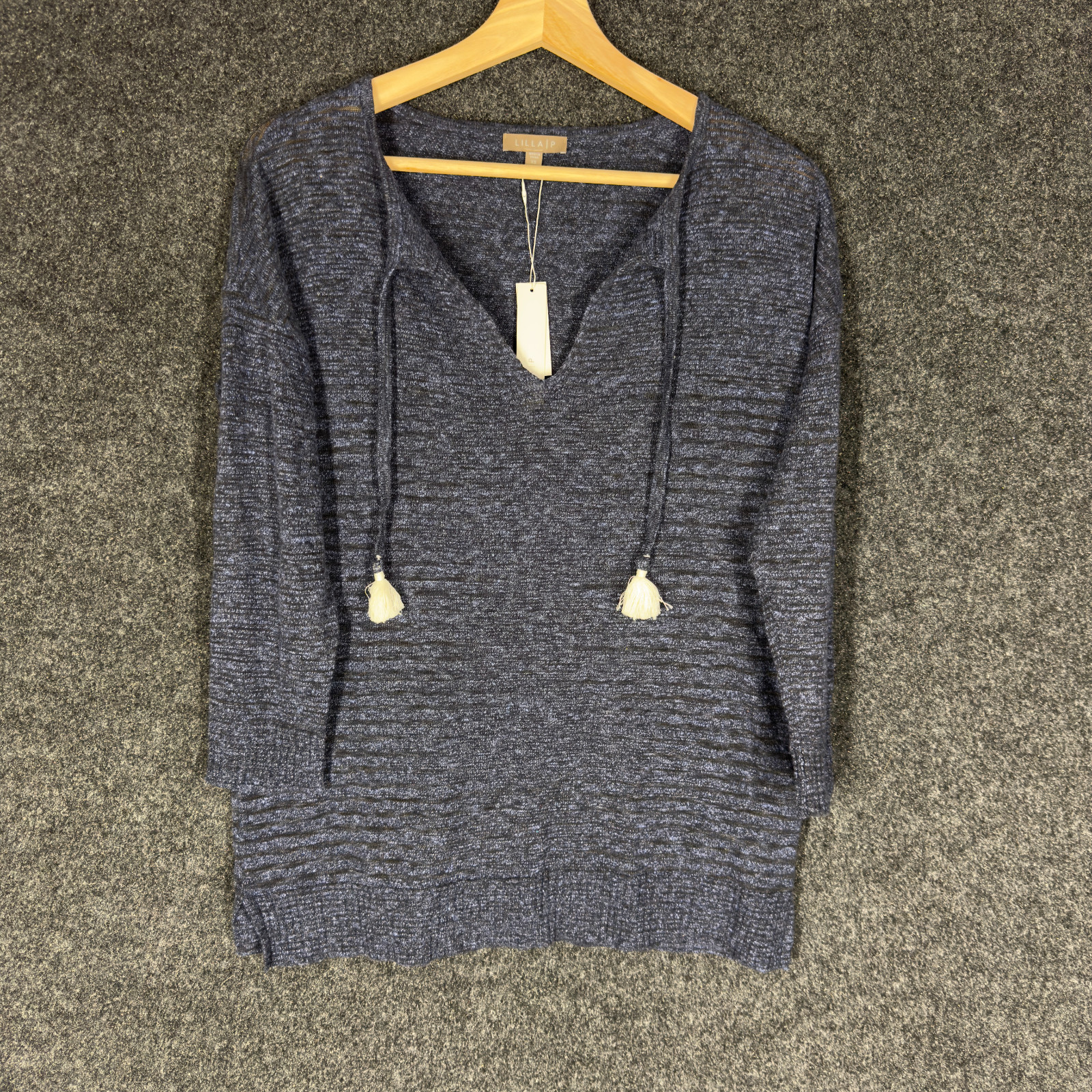 New Lilla P Sweater Pullover Women XS Gray Knit V-Neck Tasseled 3/4 Sleeve Linen