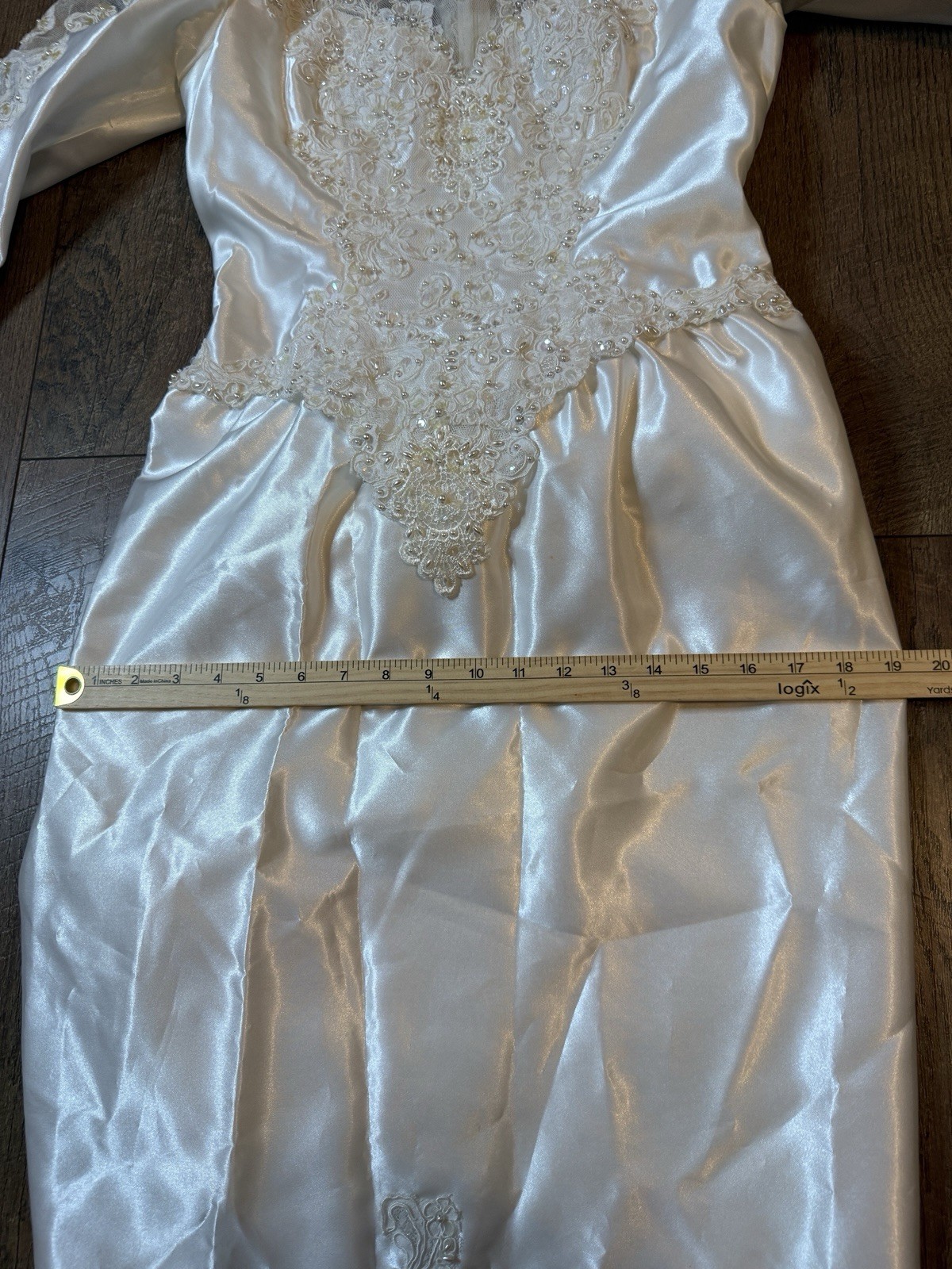 Vtg Mori Lee Satin Wedding Dress High Neck Puffed Sleeves Beading Lace Sz 8