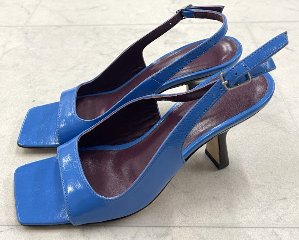 New BY FAR Lopez 80mm Leather Slingback Sandals In Blue Size:35 (US 5)