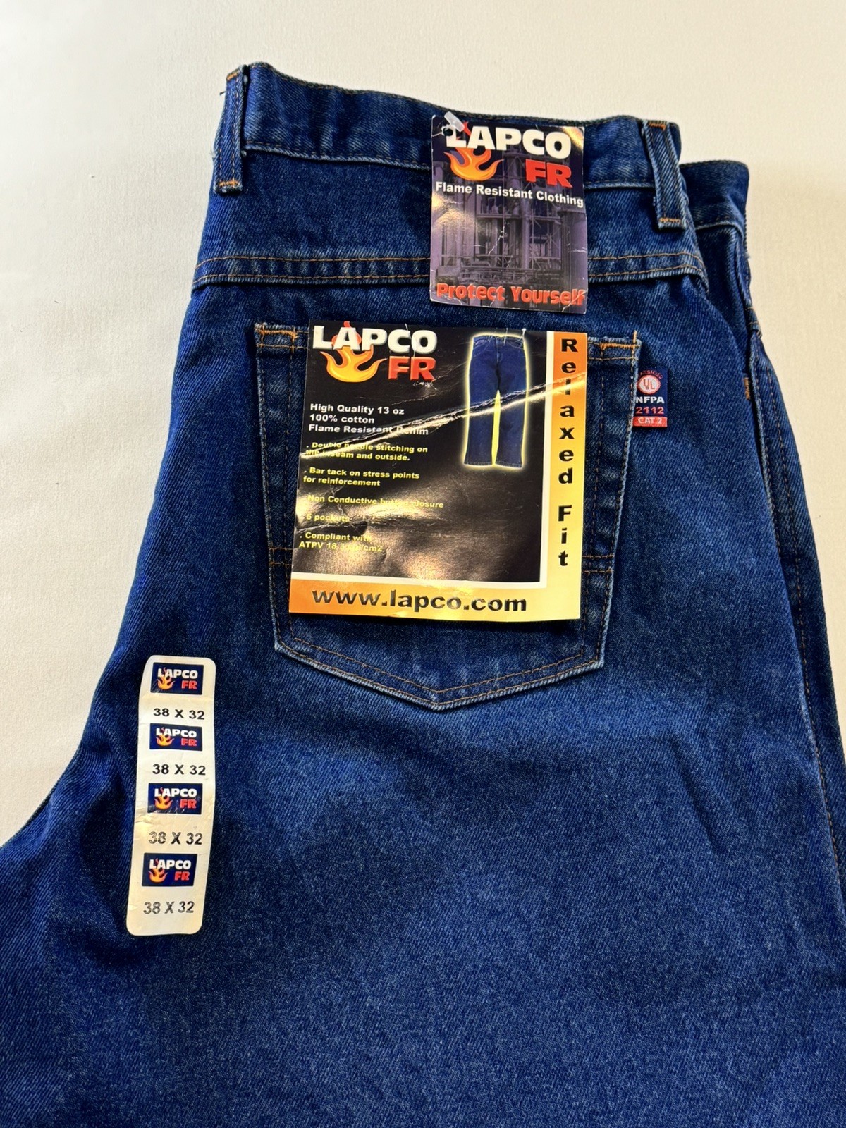 Lapco FR Flame Resistant Modern Workwear Blue Jeans Dark Wash Size 38×32, NWT
