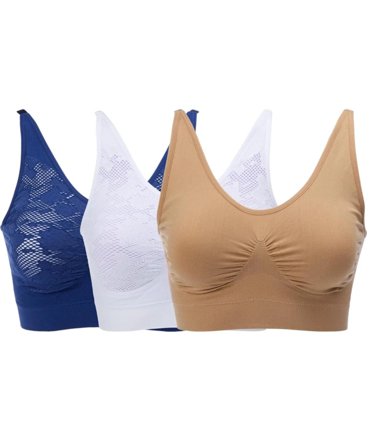 Rhonda Shear 3-pack Ahh Bra w Lace Detail Beige/White/Dusk Sky Size M