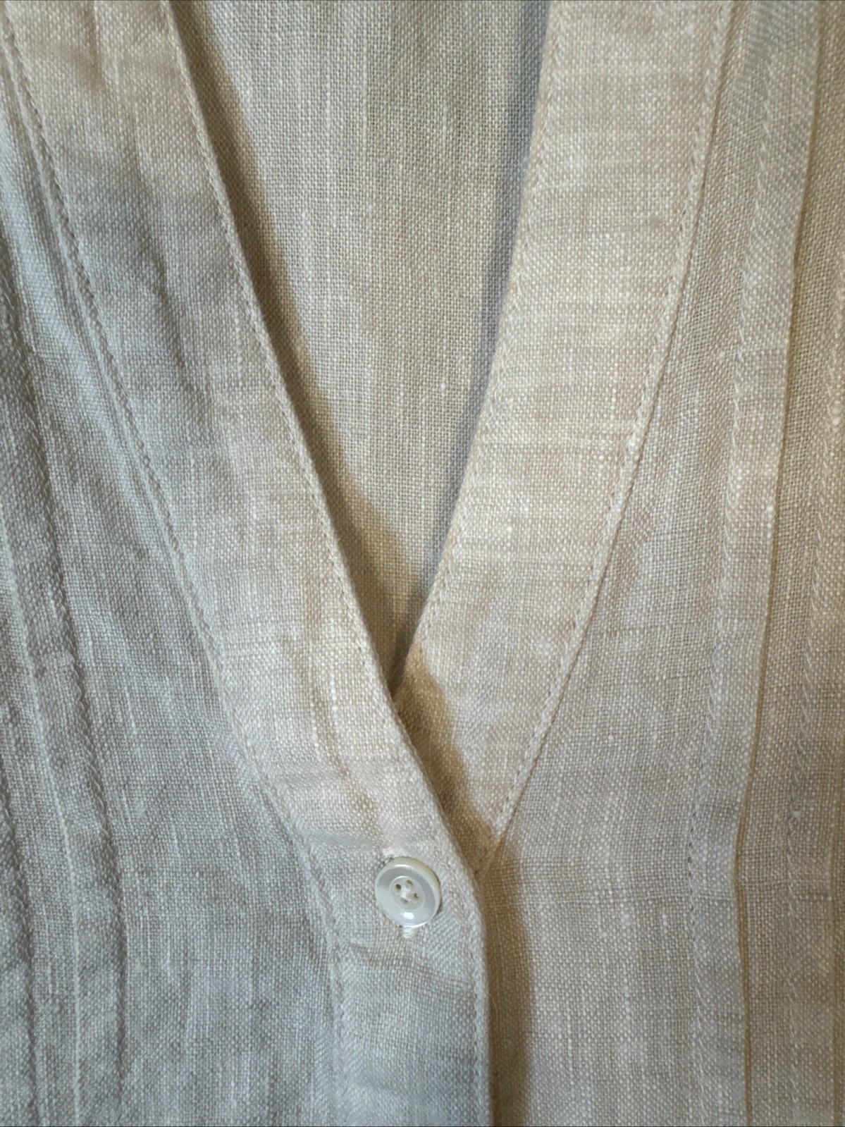 J. McLaughlin Riviera Linen Dress 3/4 Sleeve Pintuck Button Front Beige Tan Sz S