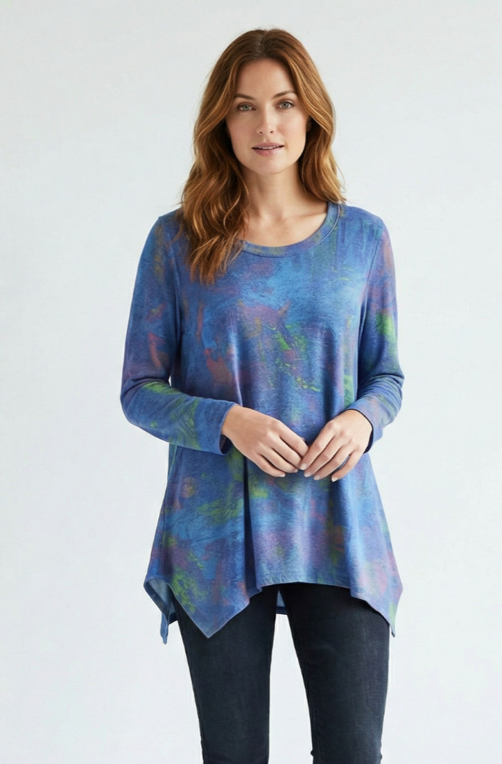 Philosophy Tunic Top Women’s XL Blue Abstract Print Stretch Soft Long Sleeve 42”