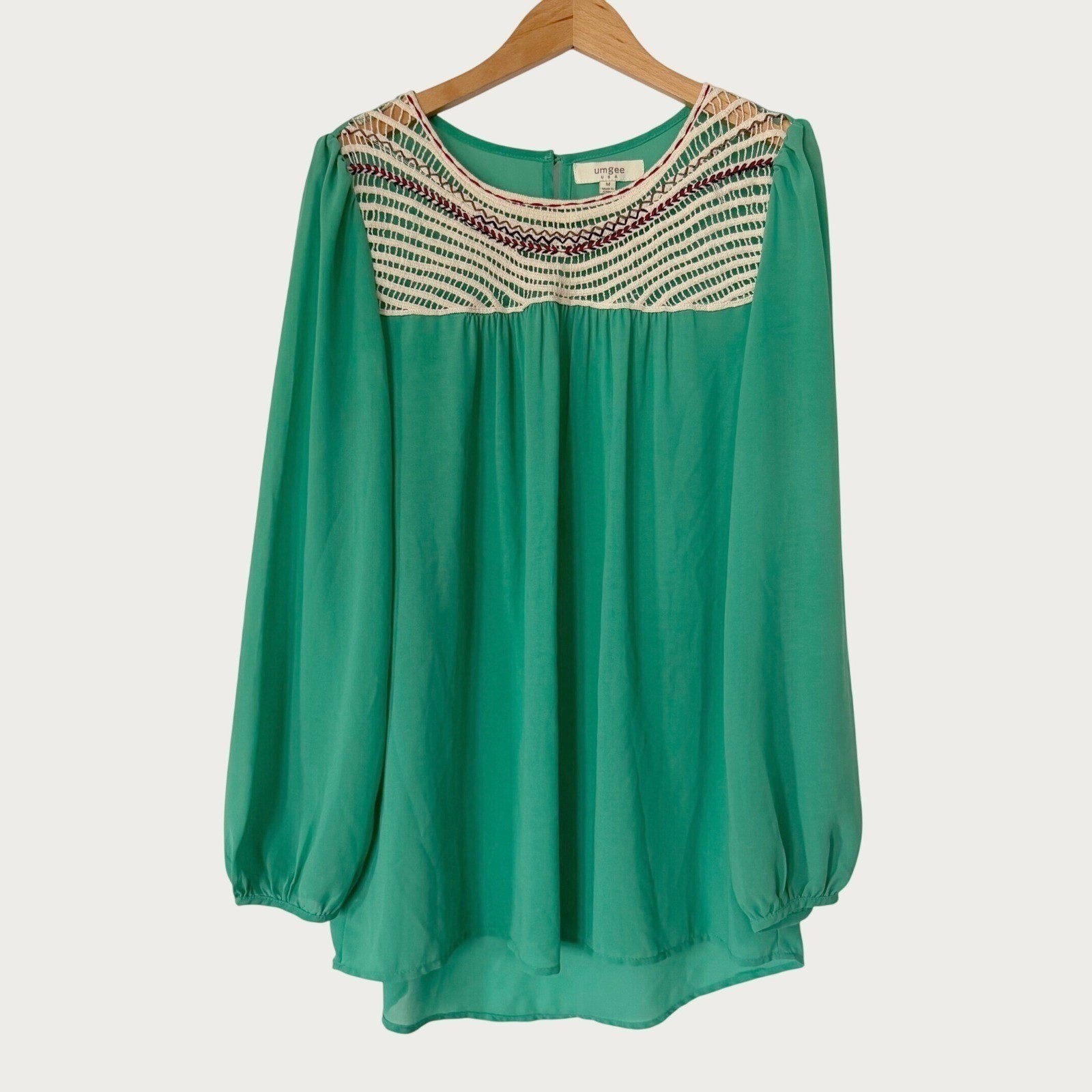 Umgee Crochet Yoke Women M Green Long Sleeve Blouse Boho Embroidered Peasant