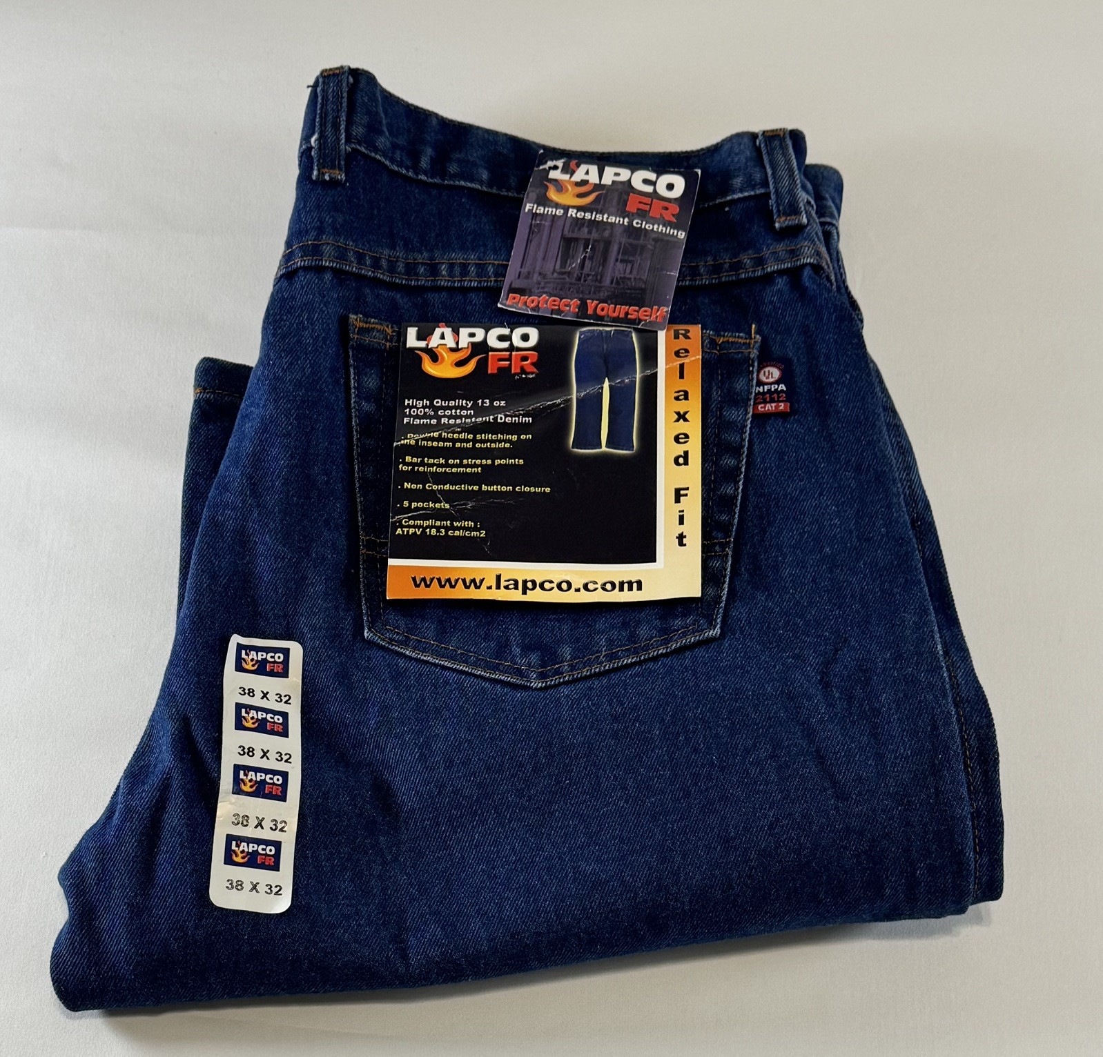 Lapco FR Flame Resistant Modern Workwear Blue Jeans Dark Wash Size 38×32, NWT