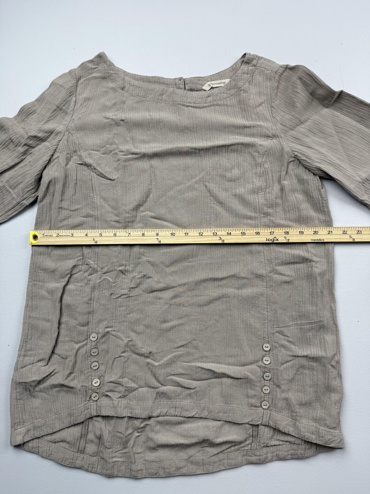 Soft Surroundings Blouse Womens M Beige Boat Neck 3/4 Sleeve Tunic Top Woven
