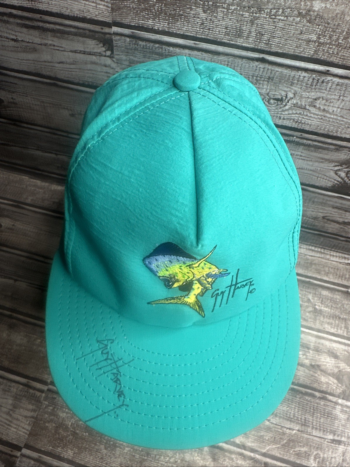 GUY HARVEY Ltd Fishing Hat Snapback SZ M/L Hat SIGNED Mahi Louisville Mfg Co.