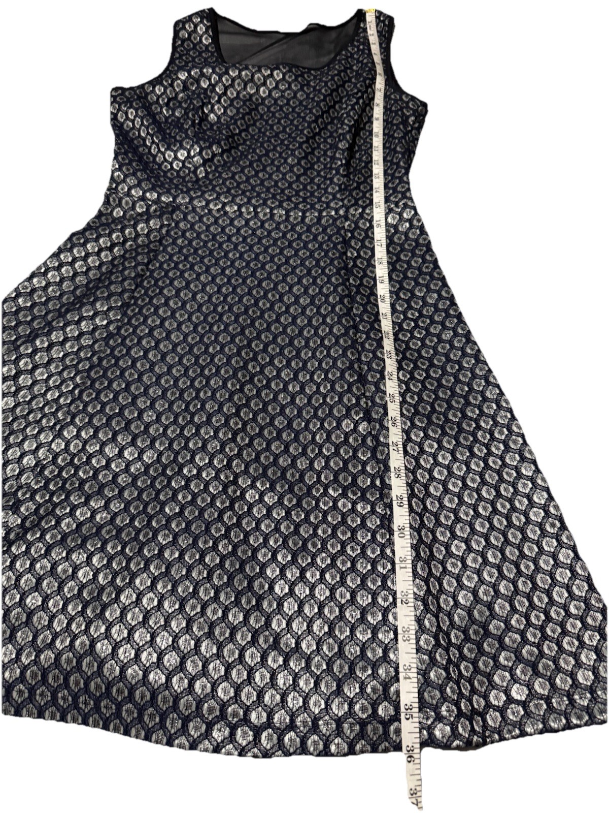 EnFocus Studio 90s Classic All Over Design Crochet Overlay Sheer Navy Dress Sz 8