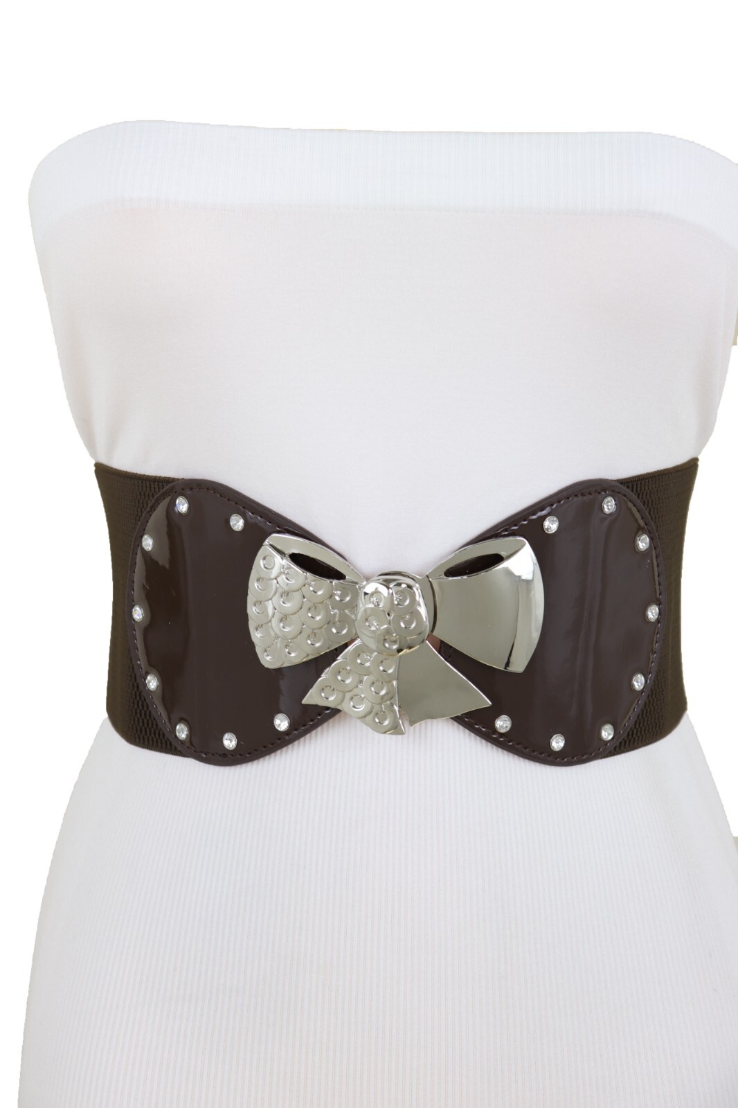 Women Dark Brown Color Wide Apparel Belt Silver Metal Bow Tie Ribbon Buckle S M