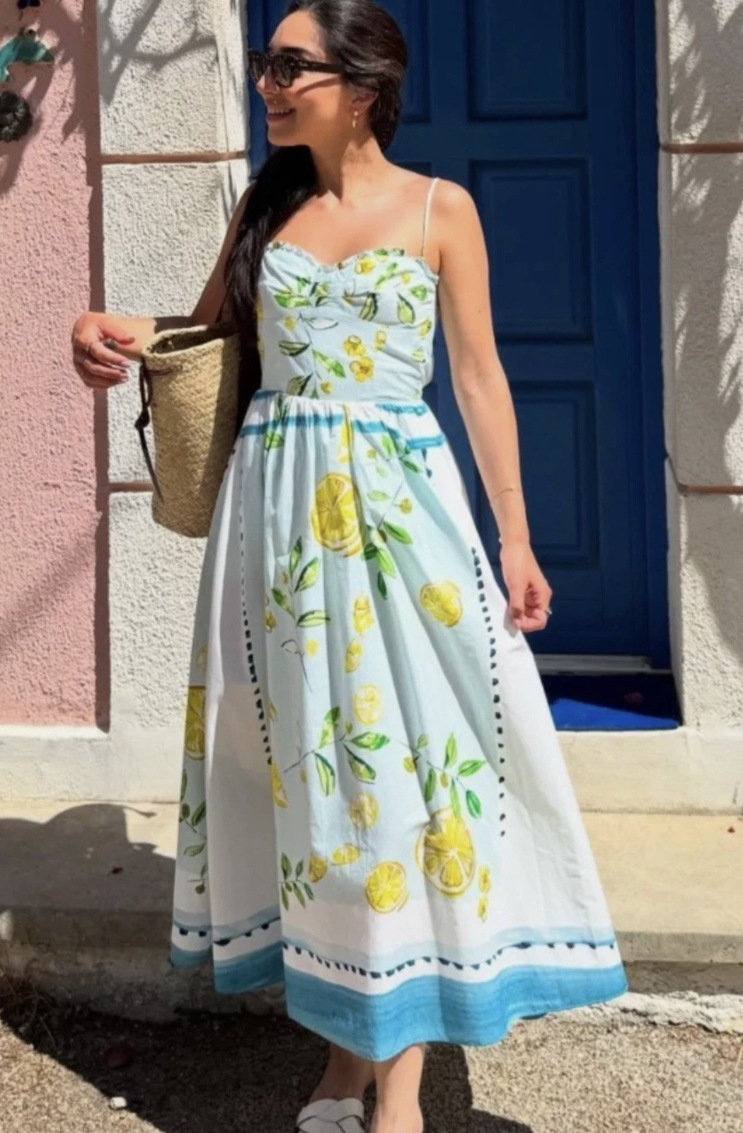 Zara Lemon Print Long Poplin Dress Light Blue Green Size M 3454/347 New