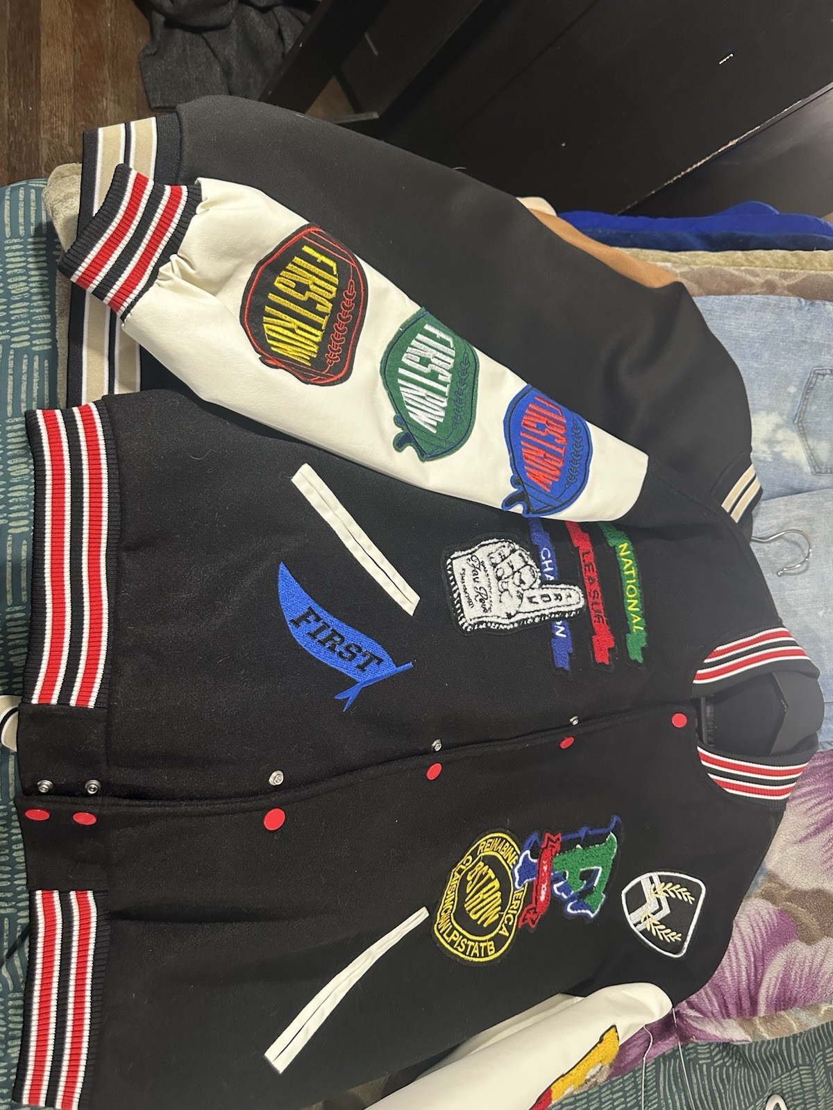 Men’s Black/White Varsity Jacket Snap Button Front Embroidered Patches