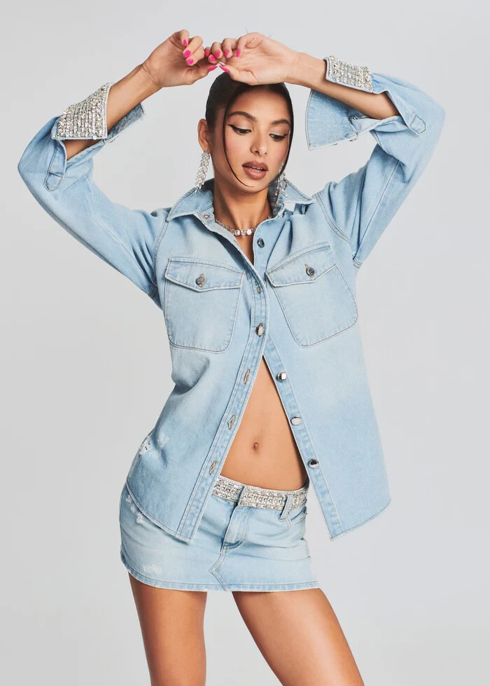 NWT Retrofete Remy Denim Shirt Jacket Top Embellished Crystal Rhinestone Western