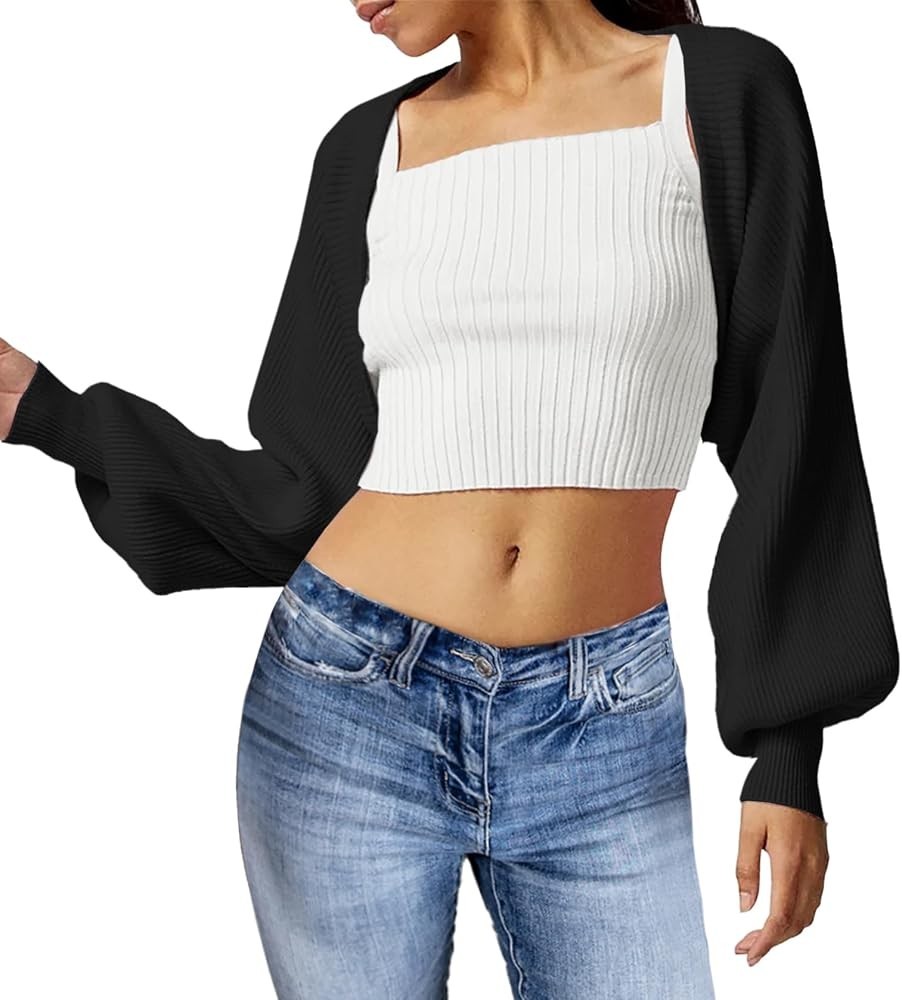 Women’s Bolero Shrug Sweater Cropped Cardigan Knit Tie Up Open Front Long Sleeve
