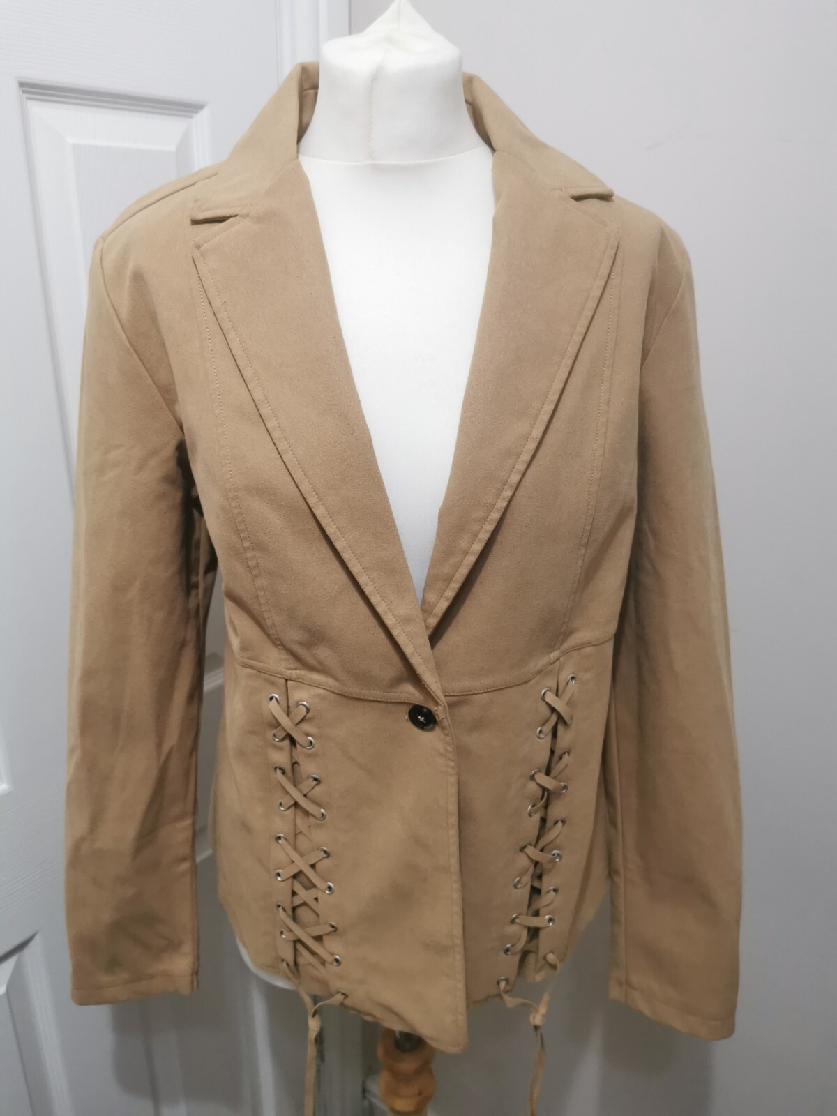 Free People Faux Suede One Button Lace Up Detail Blazer Jacket Tan Size S